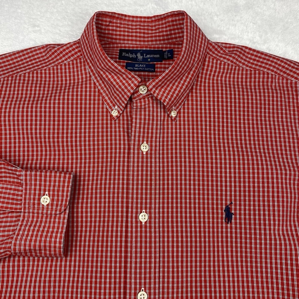 Ralph Lauren Dress Shirt Mens Large Red/White Checks BLAKE‎ Long Sleeves